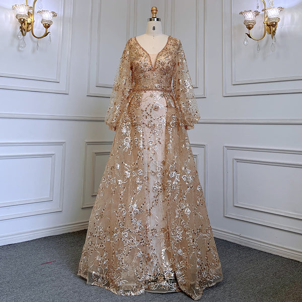 Serene Hill Muslim Gold Mermaid Elegant Puff Sleeves V-Neck  Luxury Beaded Evening Dresses Gowns 2025 For Women Party LA71761
