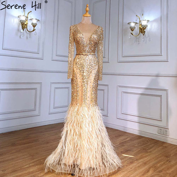 Serene Hill Muslim Gold Mermaid Evening Dresses Gowns 2025 Luxury Elegant Beaded Feathers For Women Party LA71475