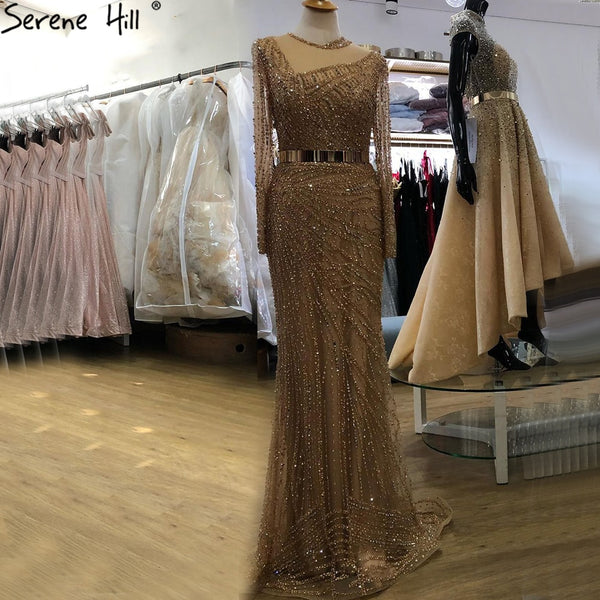 Serene Hill Muslim Gold Mermaid Evening Dresses Gowns 2025 Luxury Elegant Beading Sashes For Women Party LA71140