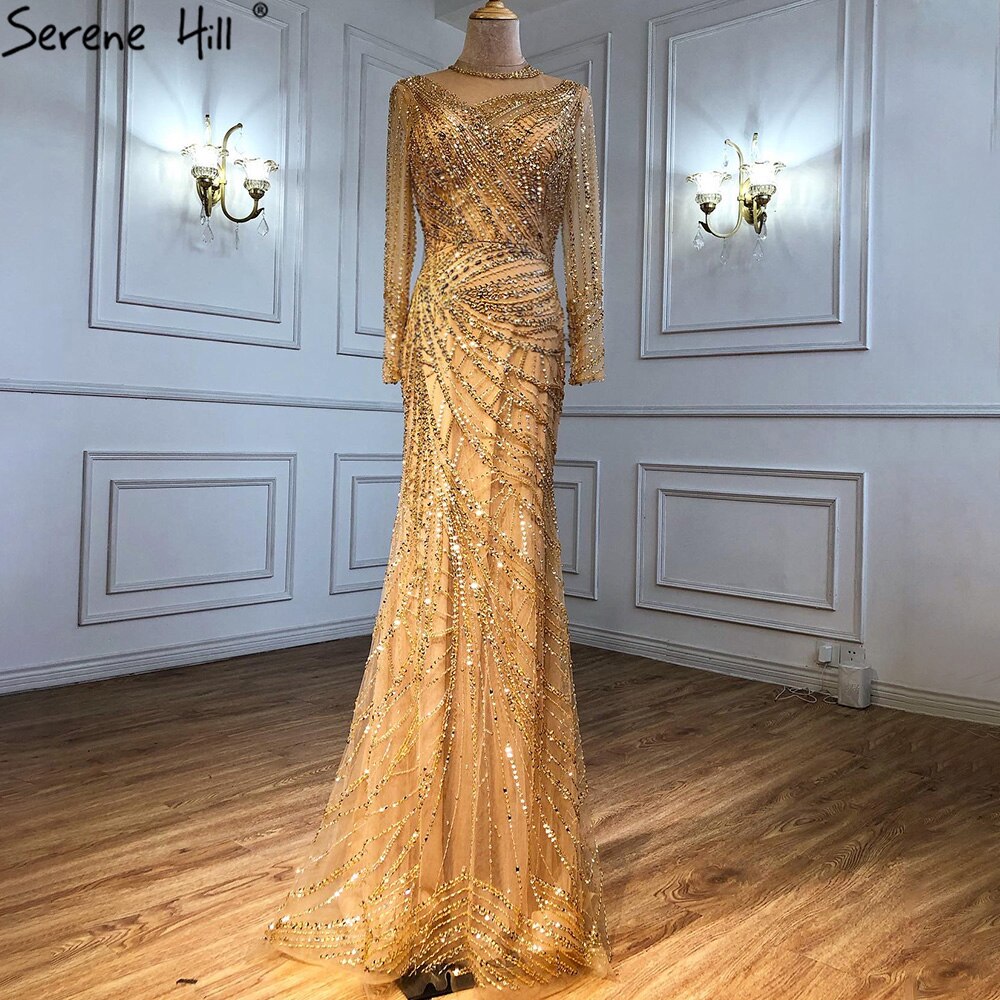 Serene Hill Muslim Gold Mermaid Evening Dresses Gowns 2025 Luxury Elegant Beading Sashes For Women Party LA71140 - SERENE HILL