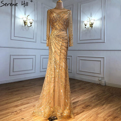 Serene Hill Muslim Gold Mermaid Evening Dresses Gowns 2025 Luxury Elegant Beading Sashes For Women Party LA71140 - SERENE HILL