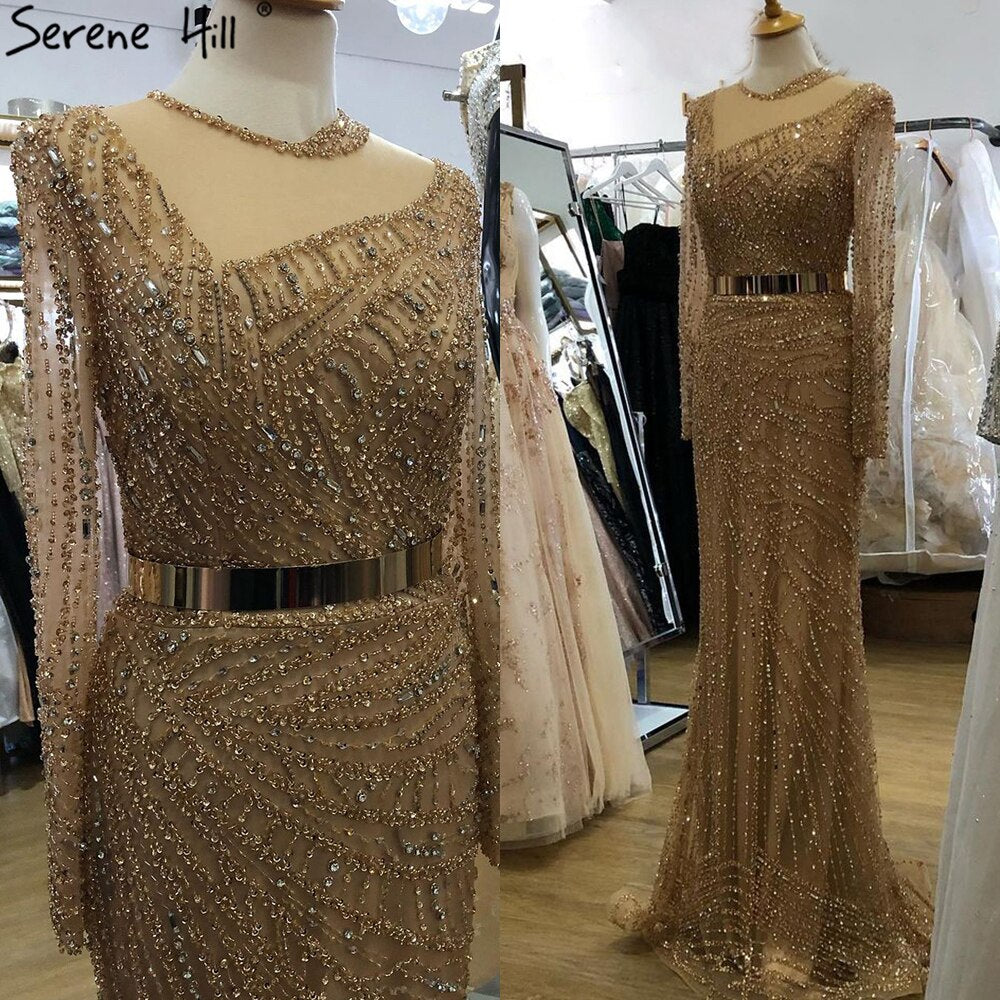 Serene Hill Muslim Gold Mermaid Evening Dresses Gowns 2025 Luxury Elegant Beading Sashes For Women Party LA71140 - SERENE HILL