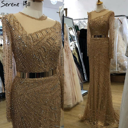 Serene Hill Muslim Gold Mermaid Evening Dresses Gowns 2025 Luxury Elegant Beading Sashes For Women Party LA71140 - SERENE HILL