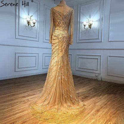 Serene Hill Muslim Gold Mermaid Evening Dresses Gowns 2025 Luxury Elegant Beading Sashes For Women Party LA71140 - SERENE HILL