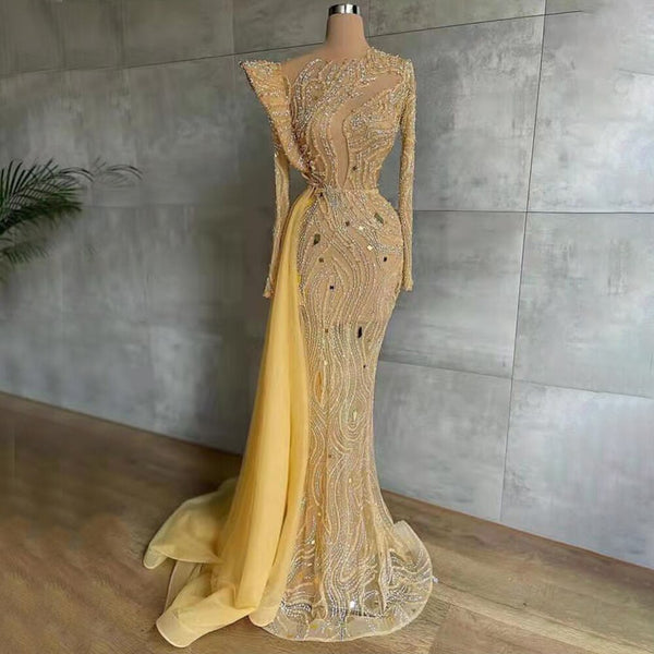 Serene Hill Muslim Gold Overskirt Luxury Evening Dresses Gowns Beaded Meramid Elegant 2025 For Women Party LA71528