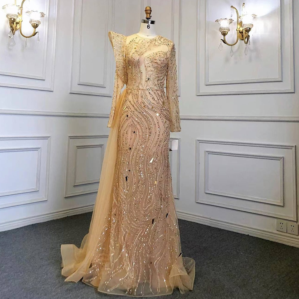 Serene Hill Muslim Gold Overskirt Luxury Evening Dresses Gowns Beaded Meramid Elegant 2025 For Women Party LA71528 - SERENE HILL