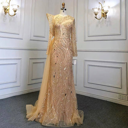 Serene Hill Muslim Gold Overskirt Luxury Evening Dresses Gowns Beaded Meramid Elegant 2025 For Women Party LA71528 - SERENE HILL