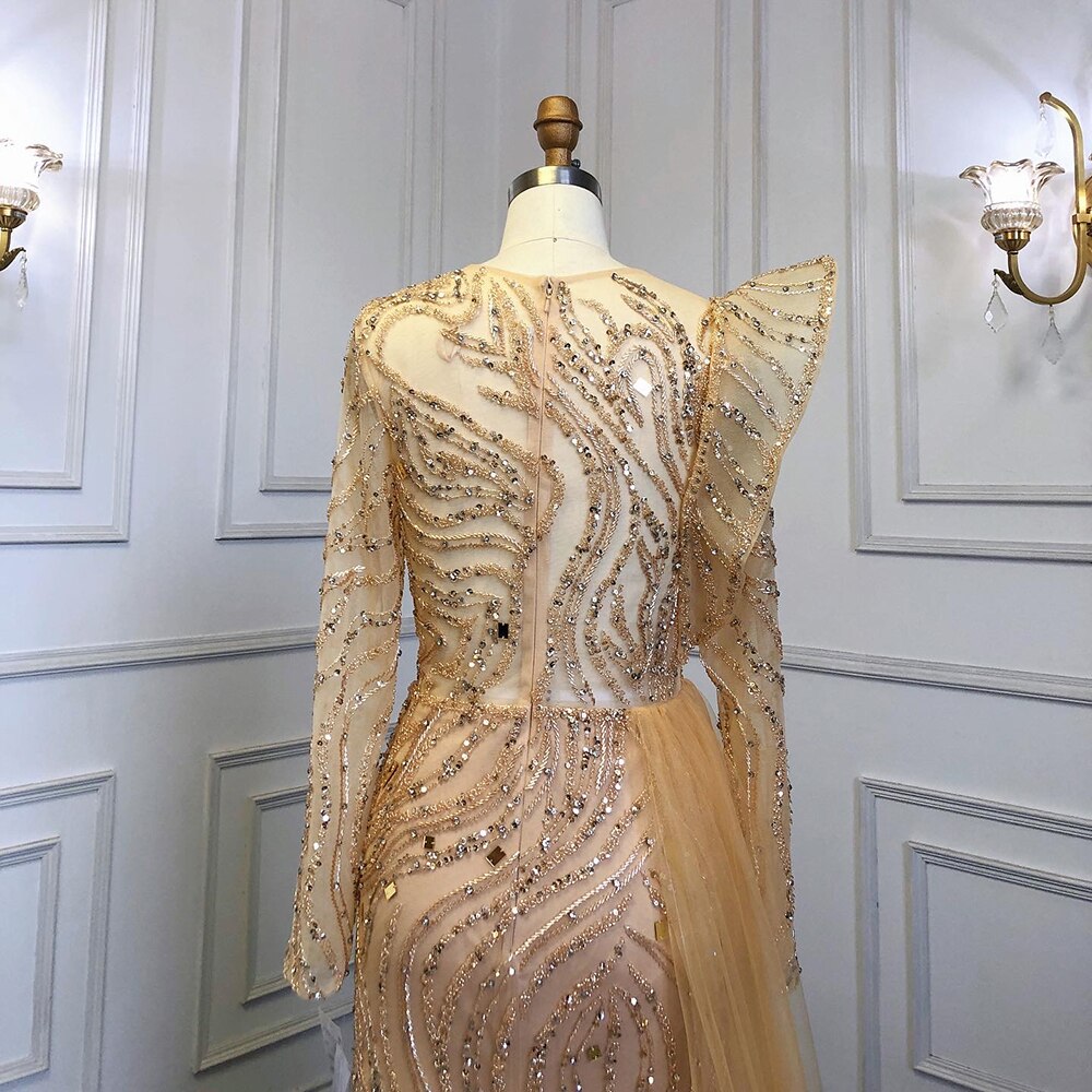 Serene Hill Muslim Gold Overskirt Luxury Evening Dresses Gowns Beaded Meramid Elegant 2025 For Women Party LA71528 - SERENE HILL