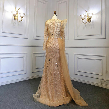 Serene Hill Muslim Gold Overskirt Luxury Evening Dresses Gowns Beaded Meramid Elegant 2025 For Women Party LA71528 - SERENE HILL