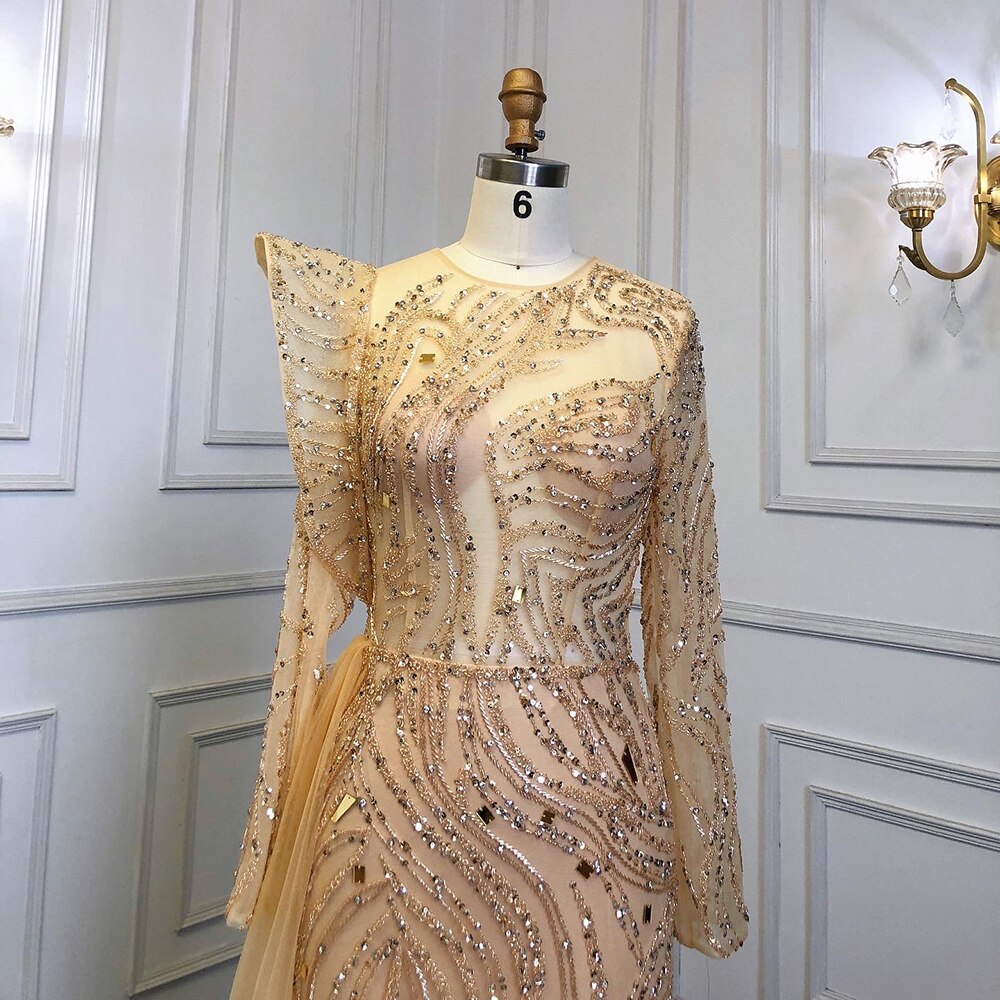 Serene Hill Muslim Gold Overskirt Luxury Evening Dresses Gowns Beaded Meramid Elegant 2025 For Women Party LA71528 - SERENE HILL