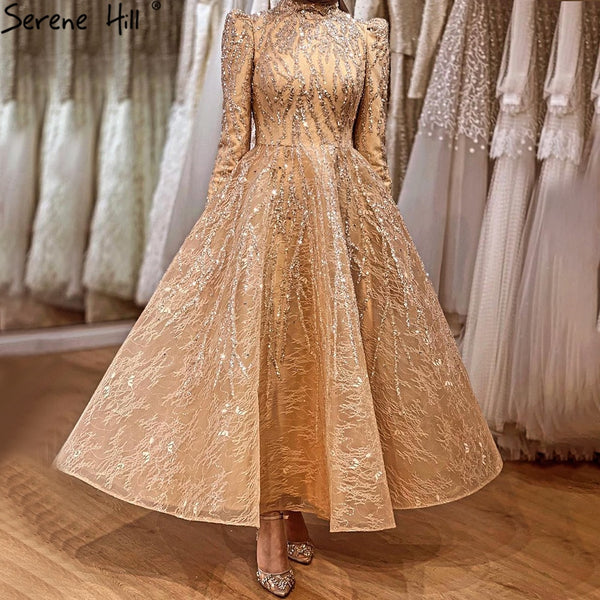 Serene Hill Muslim Gold Sparkle  Ankle Length  Beading  Evening Dresses Gowns 2025  A-Line For Women Party LA70996