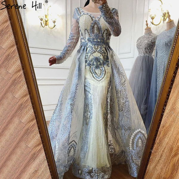 Serene Hill Muslim Gold With Overskirt Evening Dresses Gowns 2025 Luxury Lace Beaded Crystal For Woman Party LA71170