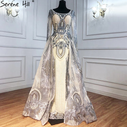 Serene Hill Muslim Gold With Overskirt Evening Dresses Gowns 2025 Luxury Lace Beaded Crystal For Woman Party LA71170 - SERENE HILL