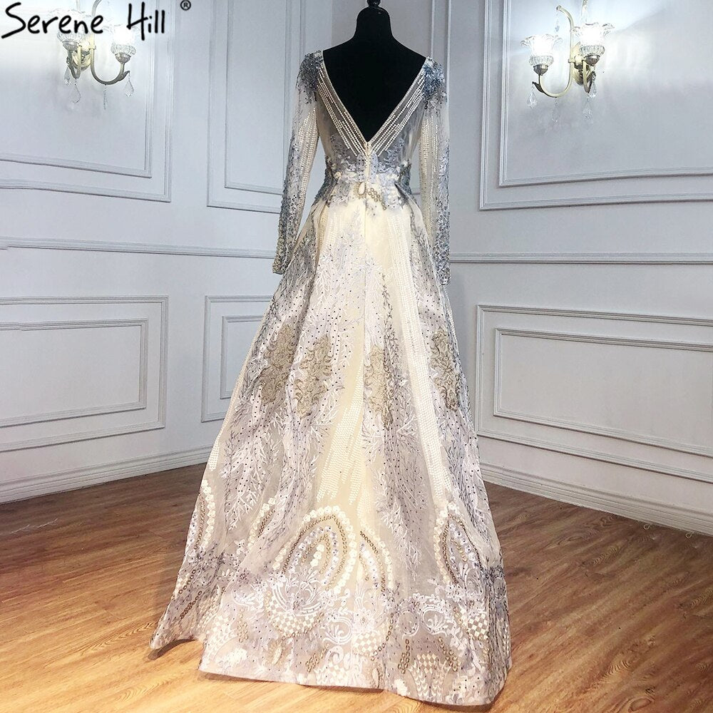 Serene Hill Muslim Gold With Overskirt Evening Dresses Gowns 2025 Luxury Lace Beaded Crystal For Woman Party LA71170 - SERENE HILL