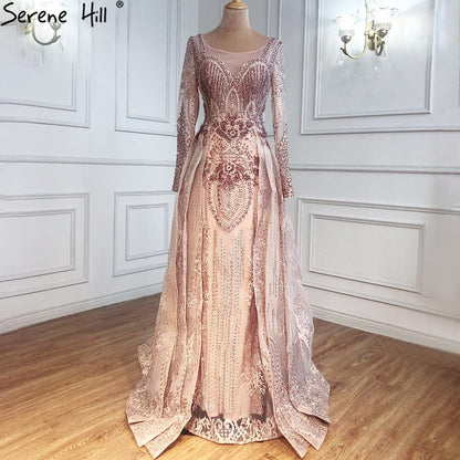 Serene Hill Muslim Gold With Overskirt Evening Dresses Gowns 2025 Luxury Lace Beaded Crystal For Woman Party LA71170 - SERENE HILL