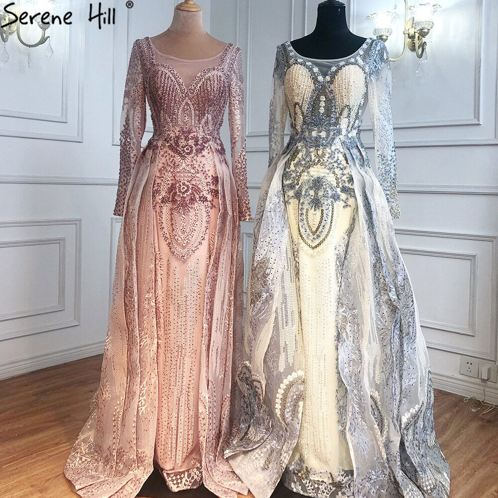 Serene Hill Muslim Gold With Overskirt Evening Dresses Gowns 2025 Luxury Lace Beaded Crystal For Woman Party LA71170 - SERENE HILL