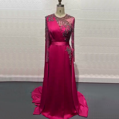Serene Hill Muslim Grape Purple Luxury Evening Dresses Gowns 2025 High Split Satin For Women Party LA71456 - SERENE HILL
