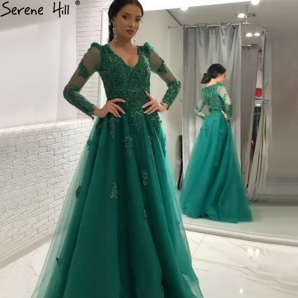 Serene Hill Muslim Green A-Line Evening Dresses Gowns 2025 Beading Lace Luxury For Women Party LA71068