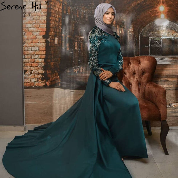 Serene Hill Muslim Green Detachable Skirt Evening Dresses Gowns 2025 Beading Elegant For Women Wedding Party LA71057