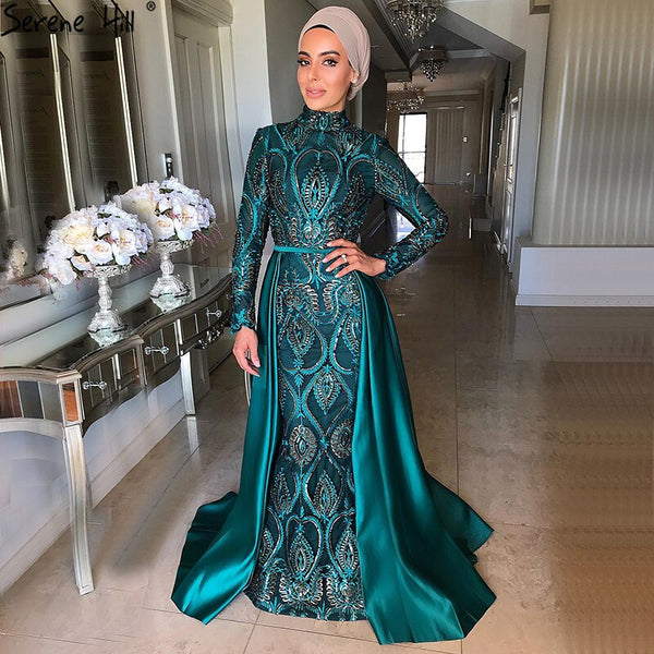 Serene Hill Muslim Green Evening Gowns 2025 Long Sleeves Mermaid Party Wear Dresses For Women Dress Sequin Plus Size LA70758