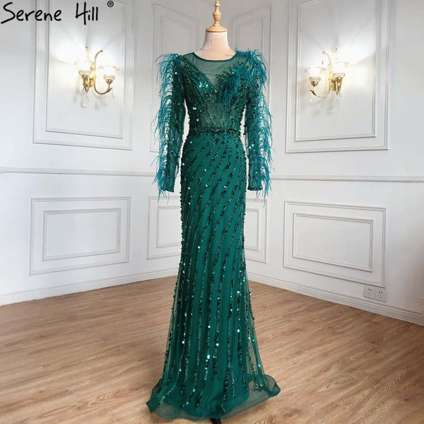Serene Hill Muslim Green Feather Beaded Evening Dresses Gowns 2025 Mermaid Luxury Elegant For Women Party LA71406