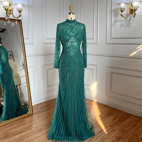 Serene Hill Muslim Green Mermaid Elegant High Neck Luxury Beaded Evening Dresses Gowns 2025 For Women Party LA71776