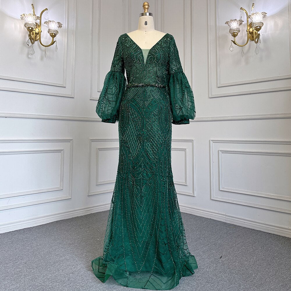 Serene Hill Muslim Green Mermaid Elegant Puff Sleeves V-Neck Evening Dresses Gowns Luxury Beaded 2025 For Women Party LA71744 - SERENE HILL