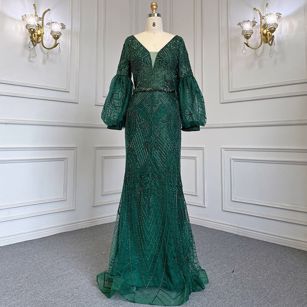 Serene Hill Muslim Green Mermaid Elegant Puff Sleeves V-Neck Evening Dresses Gowns Luxury Beaded 2025 For Women Party LA71744