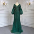 Serene Hill Muslim Green Mermaid Elegant Puff Sleeves V-Neck Evening Dresses Gowns Luxury Beaded 2025 For Women Party LA71744 - SERENE HILL