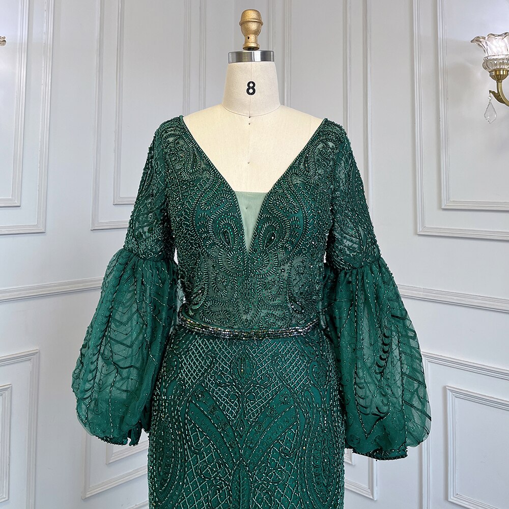 Serene Hill Muslim Green Mermaid Elegant Puff Sleeves V-Neck Evening Dresses Gowns Luxury Beaded 2025 For Women Party LA71744 - SERENE HILL
