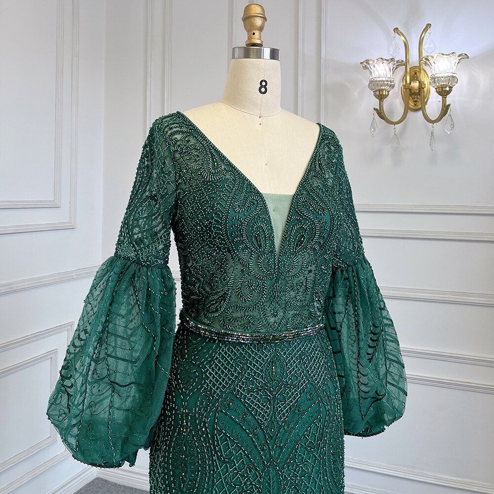 Serene Hill Muslim Green Mermaid Elegant Puff Sleeves V-Neck Evening Dresses Gowns Luxury Beaded 2025 For Women Party LA71744 - SERENE HILL