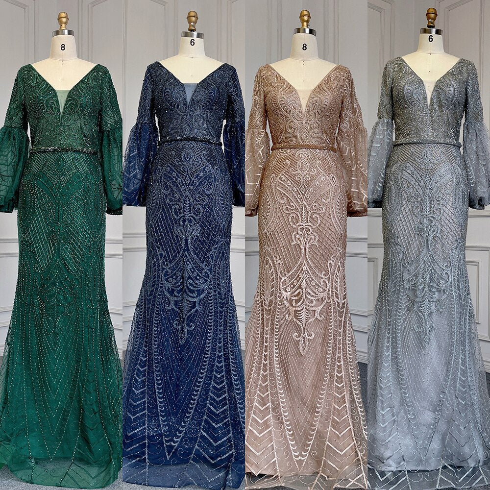 Serene Hill Muslim Green Mermaid Elegant Puff Sleeves V-Neck Evening Dresses Gowns Luxury Beaded 2025 For Women Party LA71744 - SERENE HILL