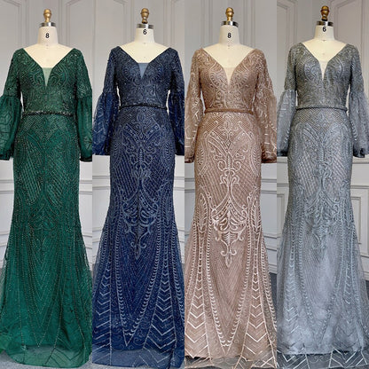 Serene Hill Muslim Green Mermaid Elegant Puff Sleeves V-Neck Evening Dresses Gowns Luxury Beaded 2025 For Women Party LA71744 - SERENE HILL