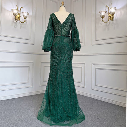 Serene Hill Muslim Green Mermaid Elegant Puff Sleeves V-Neck Evening Dresses Gowns Luxury Beaded 2025 For Women Party LA71744 - SERENE HILL