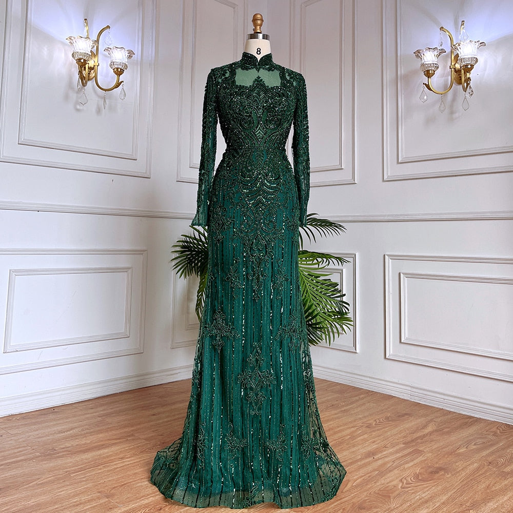 Serene Hill Muslim Green Mermaid Lace Beaded Crystal Luxury Dubai Evening Dresses Gowns For Women Wedding Party 2025 LA71983 - SERENE HILL