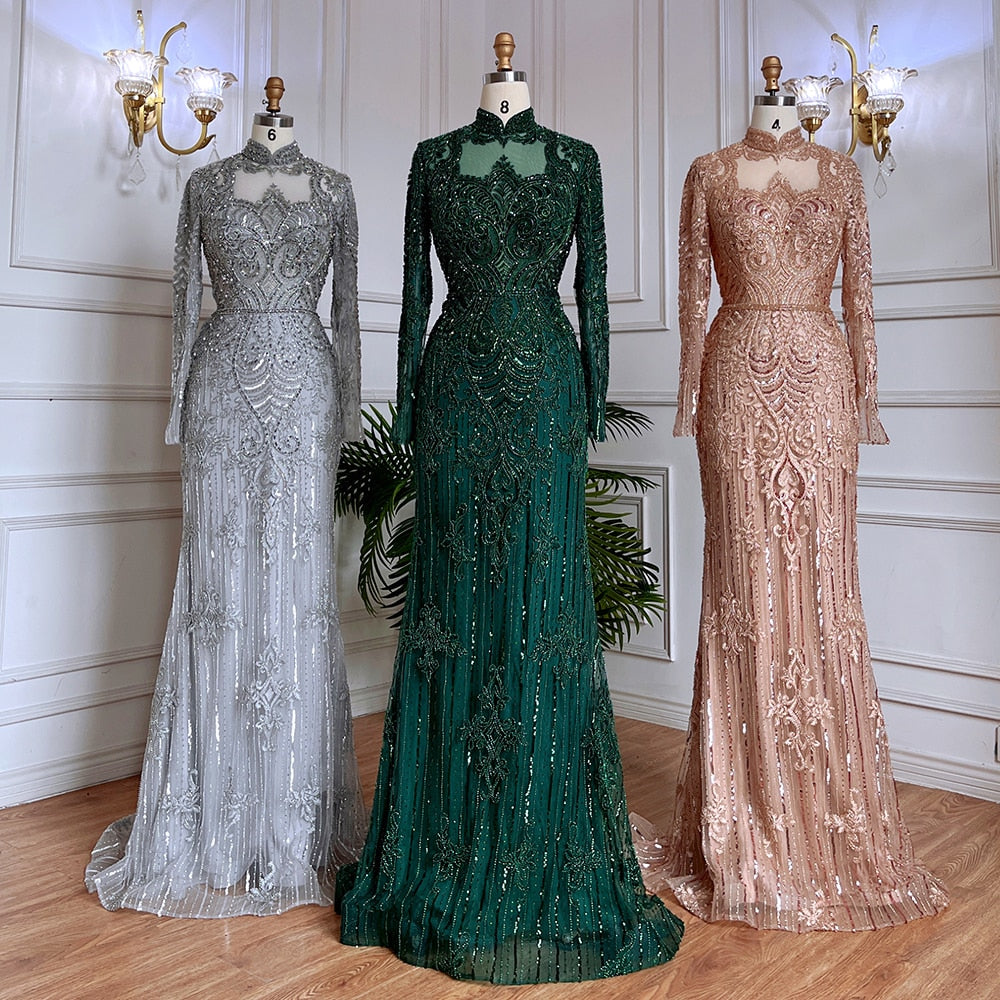 Serene Hill Muslim Green Mermaid Lace Beaded Crystal Luxury Dubai Evening Dresses Gowns For Women Wedding Party 2025 LA71983 - SERENE HILL