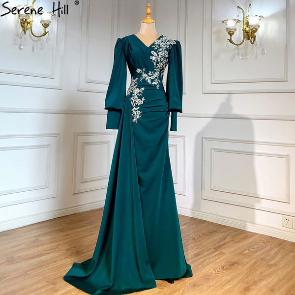 Serene Hill Muslim Green Mermaid Overskirt Evening Dresses Gowns 2025 Elegant Luxury Beaded Satin For Women Party LA71491