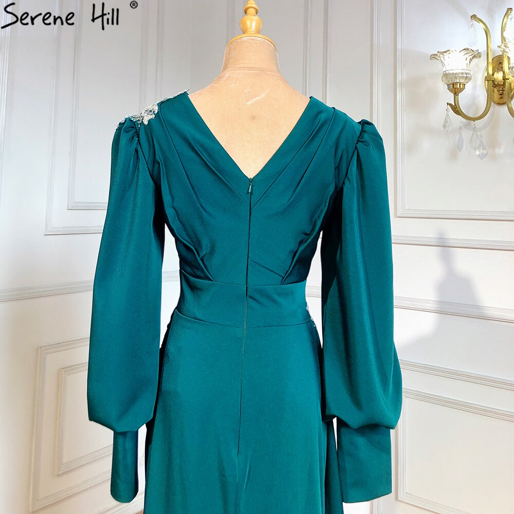 Serene Hill Muslim Green Mermaid Overskirt Evening Dresses Gowns 2025 Elegant Luxury Beaded Satin For Women Party LA71491 - SERENE HILL