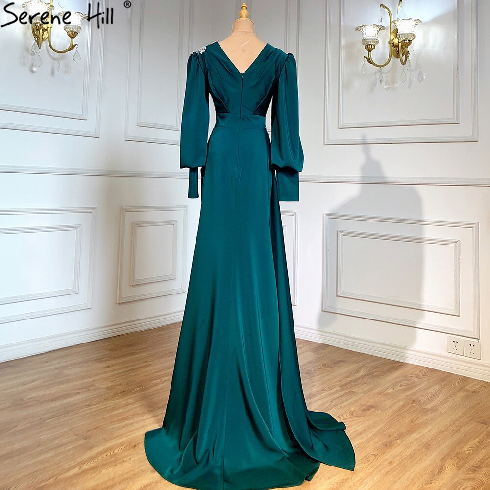 Serene Hill Muslim Green Mermaid Overskirt Evening Dresses Gowns 2025 Elegant Luxury Beaded Satin For Women Party LA71491 - SERENE HILL