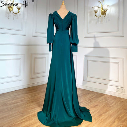 Serene Hill Muslim Green Mermaid Overskirt Evening Dresses Gowns 2025 Elegant Luxury Beaded Satin For Women Party LA71491 - SERENE HILL