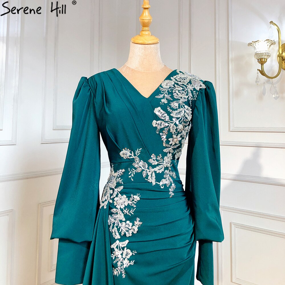 Serene Hill Muslim Green Mermaid Overskirt Evening Dresses Gowns 2025 Elegant Luxury Beaded Satin For Women Party LA71491 - SERENE HILL