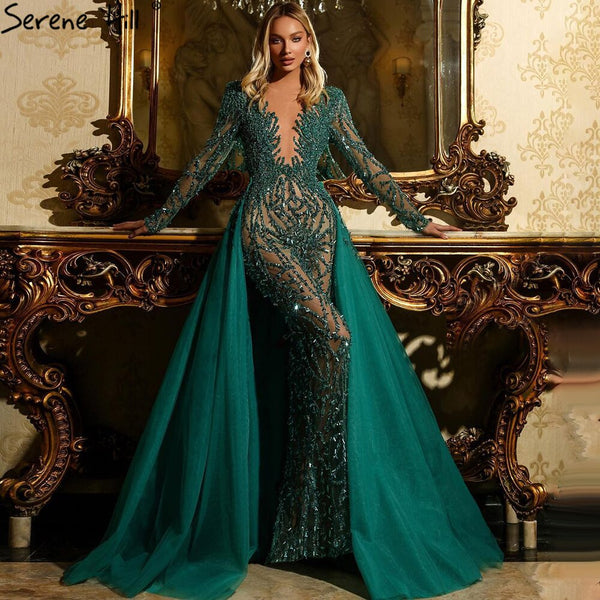 Serene Hill Muslim Green With Train Evening Dresses Gowns 2025 Mermaid Beading Elegant Luxury For Women Party LA71107