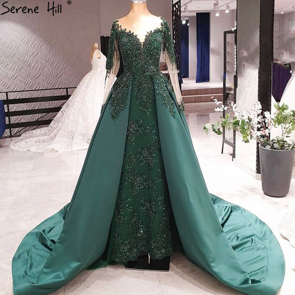 Serene Hill Muslim Green With Train Evening Dresses Gowns Satin Luxury Long Sleeves For Women Party LA70792