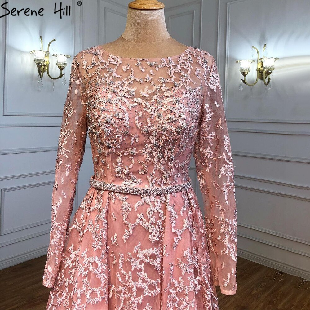 Serene Hill Muslim Grey A-Line Evening Dresses Gowns 2025 Lace Beaded Luxury For Woman Wedding Party LA71211 - SERENE HILL
