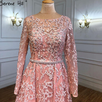 Serene Hill Muslim Grey A-Line Evening Dresses Gowns 2025 Lace Beaded Luxury For Woman Wedding Party LA71211 - SERENE HILL