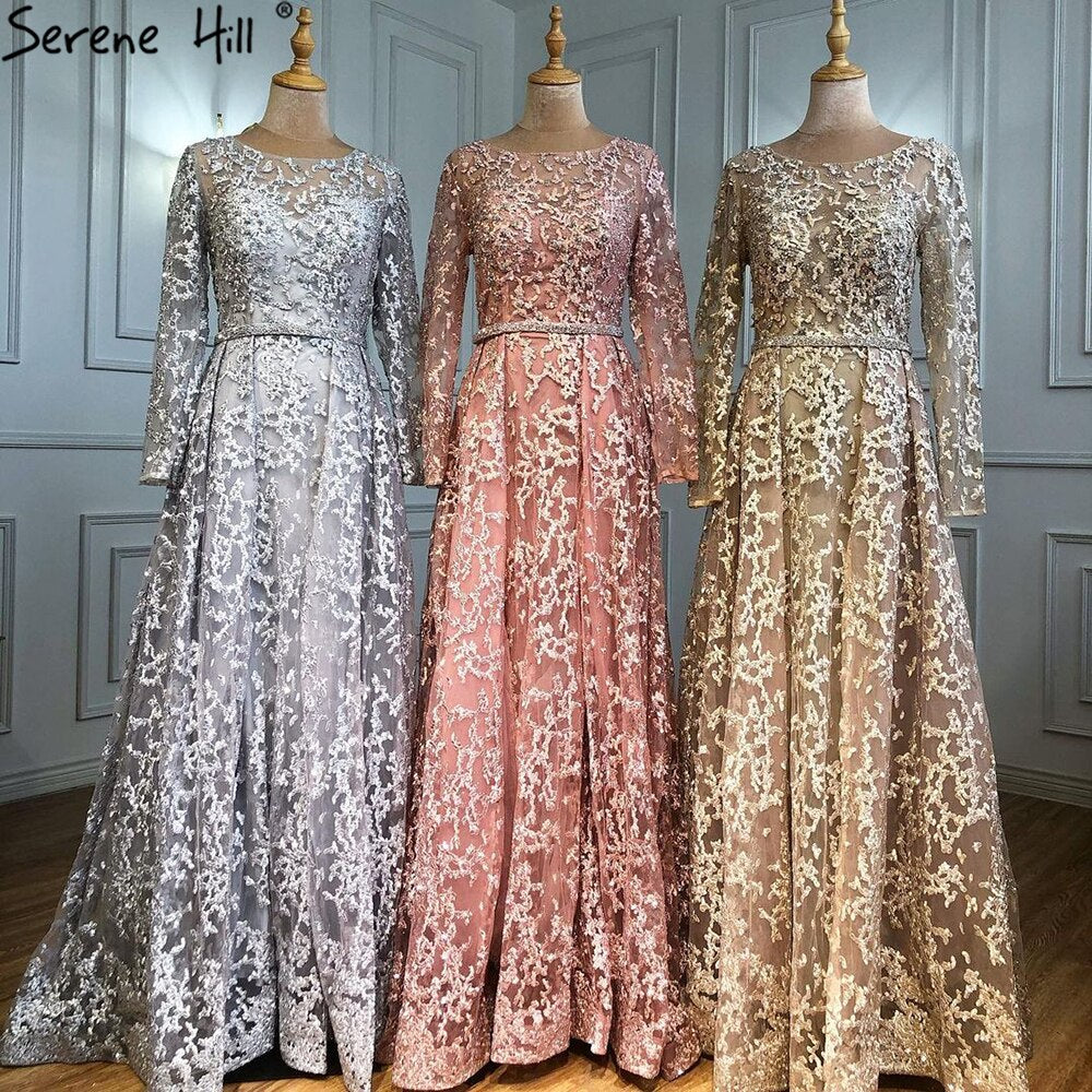 Serene Hill Muslim Grey A-Line Evening Dresses Gowns 2025 Lace Beaded Luxury For Woman Wedding Party LA71211 - SERENE HILL