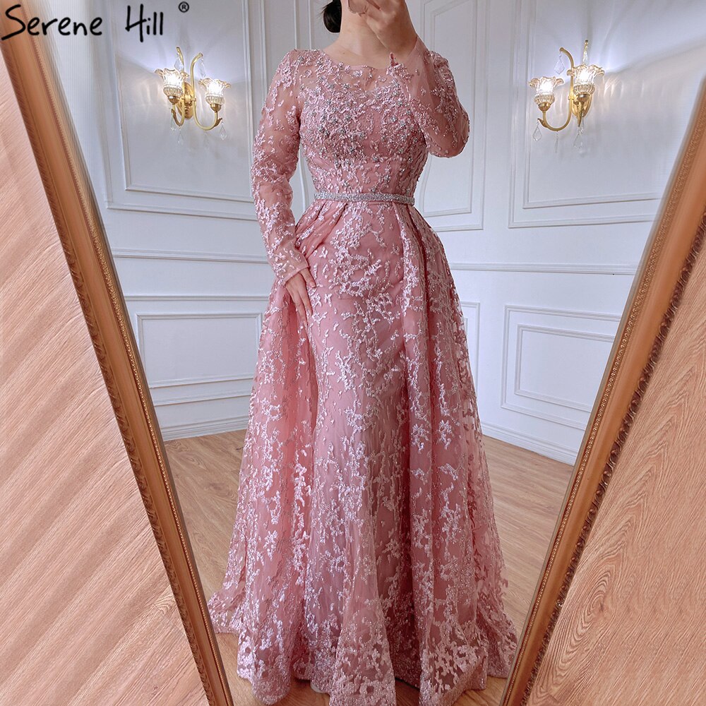 Serene Hill Muslim Grey A-Line Evening Dresses Gowns 2025 Lace Beaded Luxury For Woman Wedding Party LA71211 - SERENE HILL