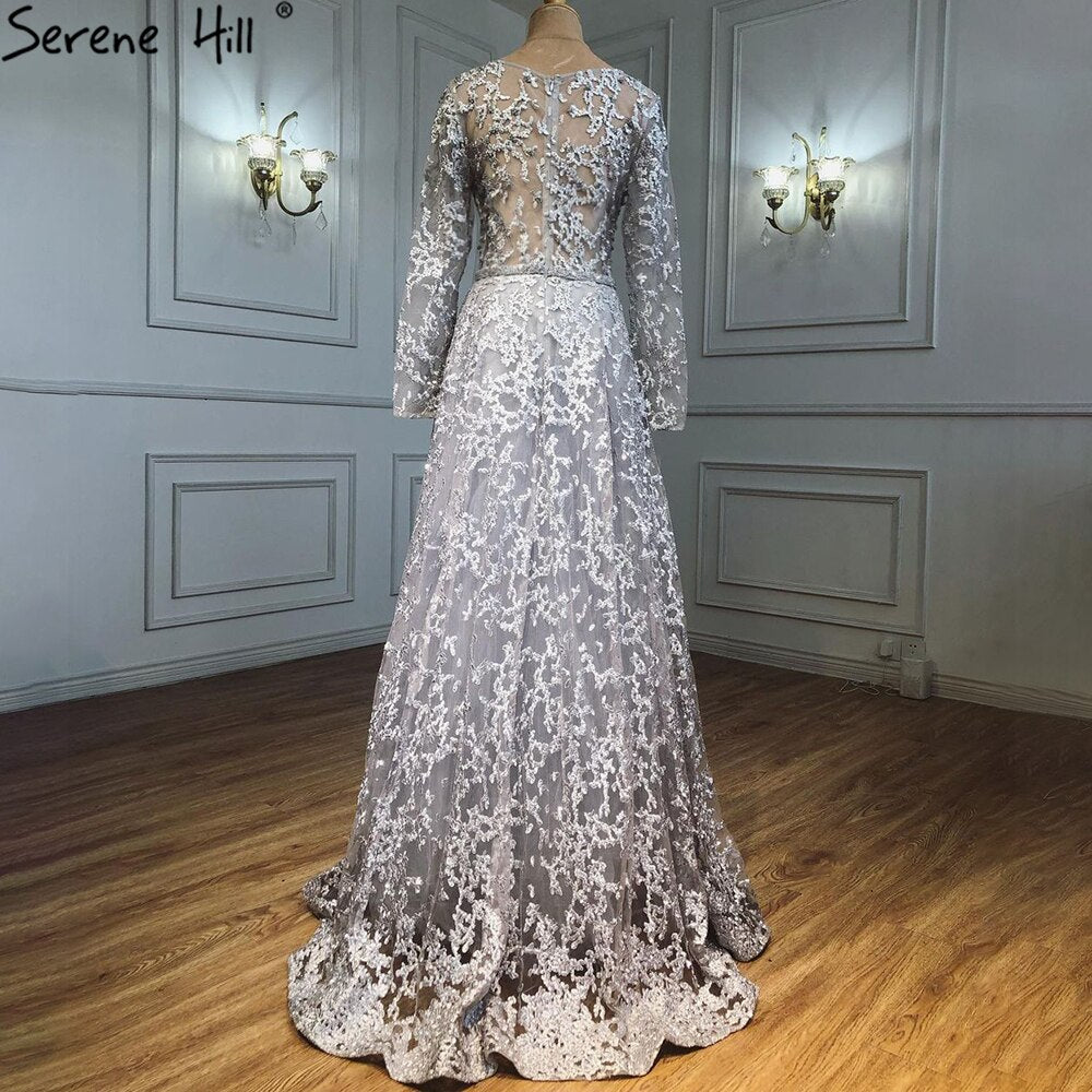 Serene Hill Muslim Grey A-Line Evening Dresses Gowns 2025 Lace Beaded Luxury For Woman Wedding Party LA71211 - SERENE HILL