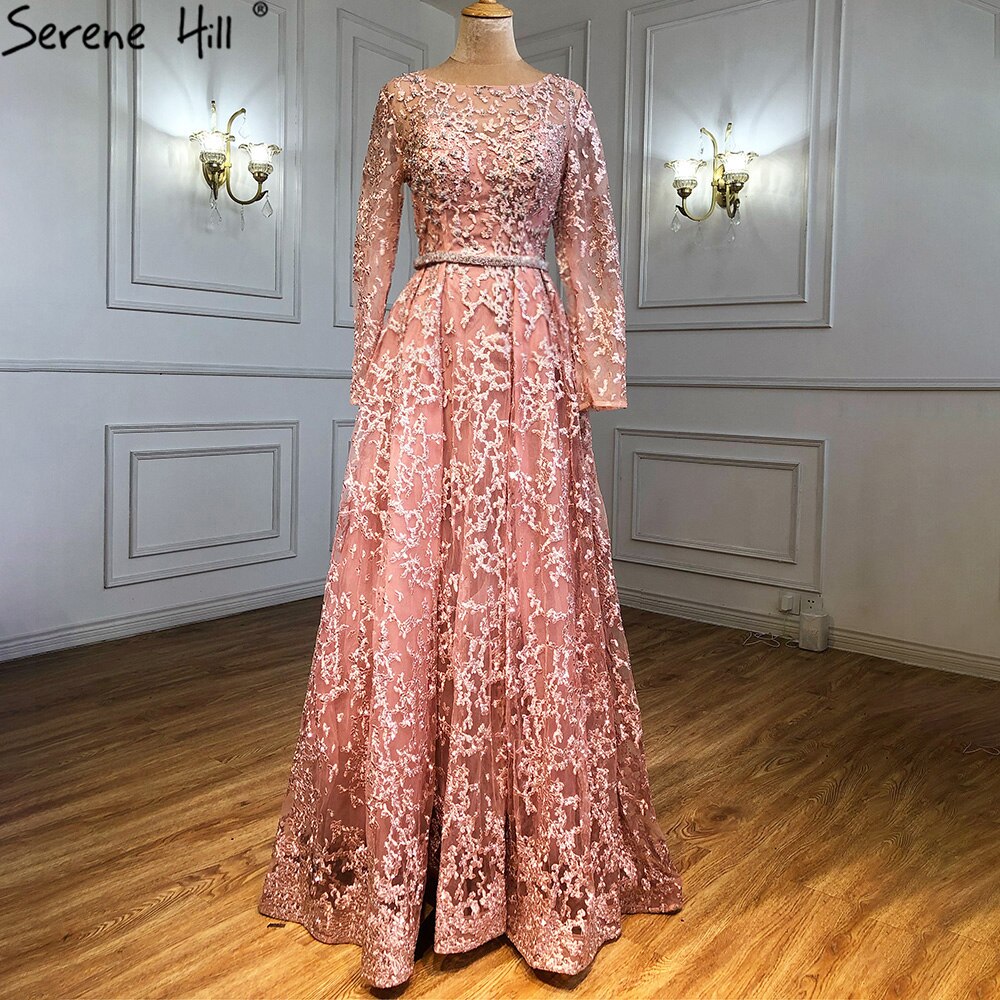 Serene Hill Muslim Grey A-Line Evening Dresses Gowns 2025 Lace Beaded Luxury For Woman Wedding Party LA71211 - SERENE HILL