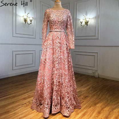 Serene Hill Muslim Grey A-Line Evening Dresses Gowns 2025 Lace Beaded Luxury For Woman Wedding Party LA71211 - SERENE HILL